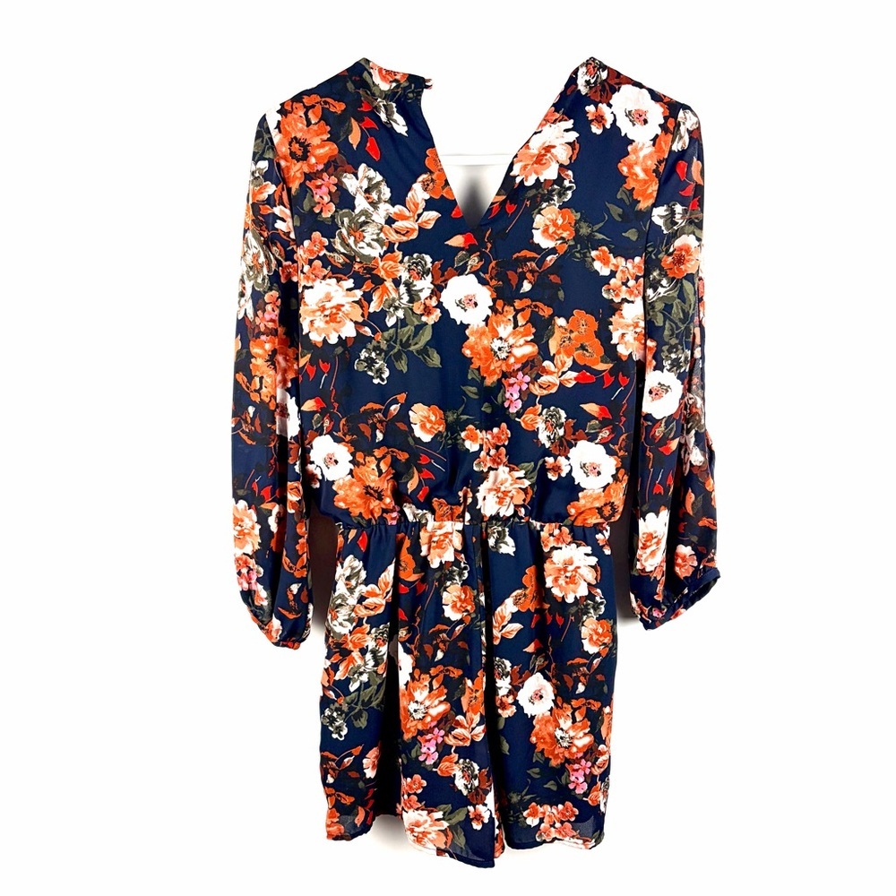 Lulus Floral Romper Dress Overlay Split Sleeve Boho Skort Navy Small - Picture 12 of 16